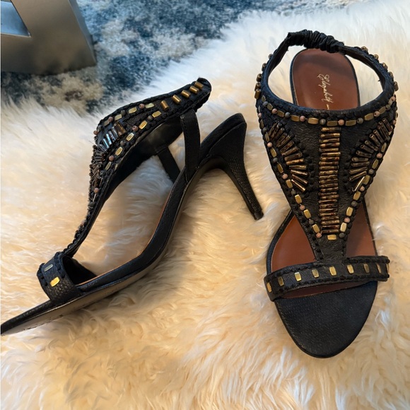 Elizabeth and James Black and Gold Beaded Sandals 37 1/2 a 7 in US - Picture 2 of 4